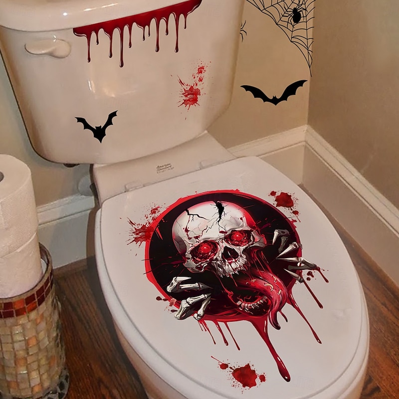 Halloween Stickers Ghost Skull Blood Splatter Bat Decor Wall Stickers for Bathroom and Toilet, Self-Adhesive Stickers2