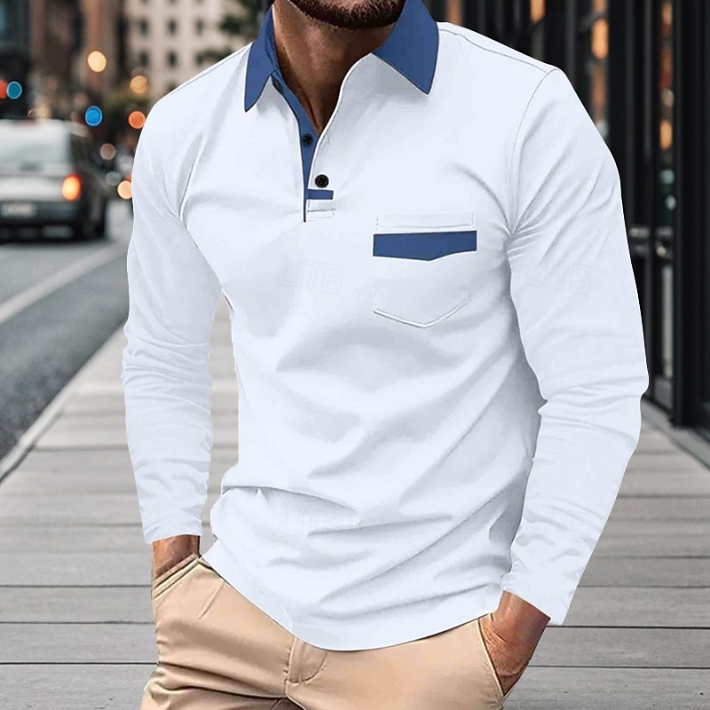 Men's Golf Shirt Golf Polo Work Casual Lapel Long Sleeve Basic Modern Color Block Patchwork Button Spring &  Fall Regular Fit Black White Navy Blue Sky Blue Beige Gray Golf Shirt2