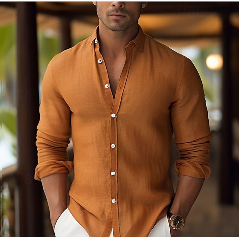 Men's Shirt Linen Shirt Summer Shirt Beach Wear Button Up Shirt Plain Vacation Curise White Pink Blue Orange Long Sleeve Lapel Spring & Summer Clothing Apparel