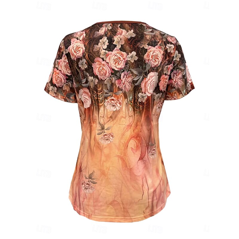 Women's T Shirt Casual Ombre Floral Buttons Short Sleeve Regular Tops U Neck Daily Rose Gold Khaki Summer3