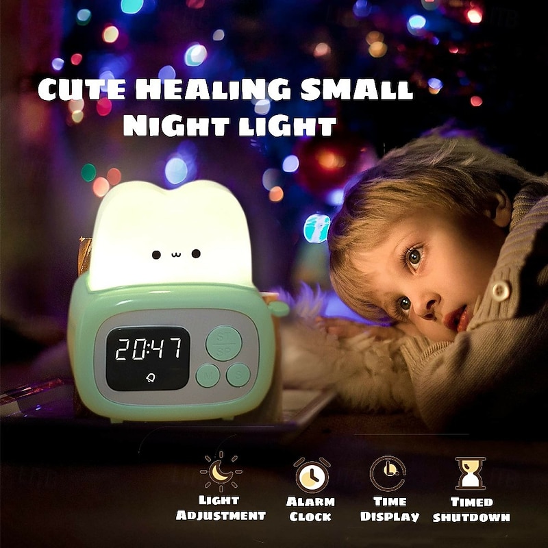 Toast Clock Timer Lamp Cute LED Bread Night Light with USB Dimmable Table Clock Alarm for Kids Soft Light3