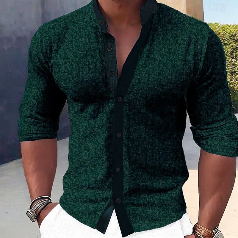 Men's Shirt Dress Shirt Button Up Shirt Formal Holiday Blue Brown Green Rose Red Long Sleeve Grandad Collar Summer Spring &  Fall Clothing Apparel Buttons4