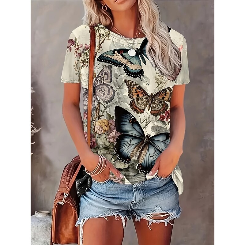 Women's T Shirt Casual Print Short Sleeve Regular Tops Daily Khaki Summer3