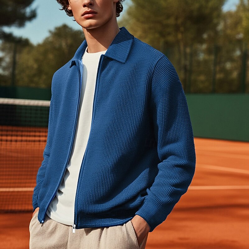 Men's Lightweight Jacket Waffle Jacket Shirt Jacket Formal Home Pocket Spring Fall Solid Color Active Neutral Shirt Collar Regular Waffle Fabric White Blue Gray Jacket