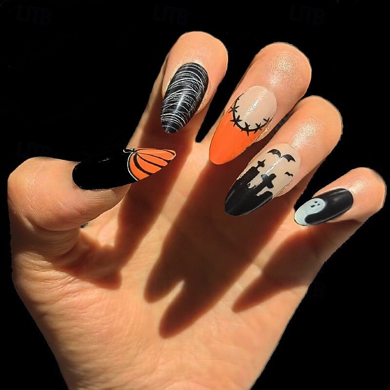 Halloween Fake Nail Snake Spider Pattern Almond False Nail Tip Full Cover Wearable French Fake Nail Patch Halloween Gifts4