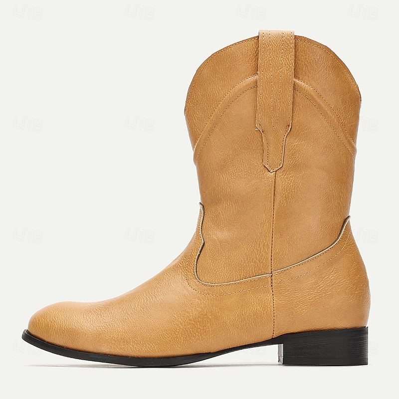 Men's Tan Faux Leather Western Cowboy Boots - Vintage Style with Durable Sole for Outdoor and Casual Wear3