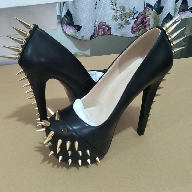 Women's Black Spiked High Heels - Punk Rock Studded Platform Pumps for Clubwear and Parties4