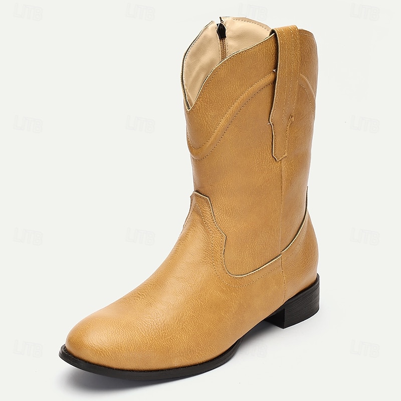 Men's Tan Faux Leather Western Cowboy Boots - Vintage Style with Durable Sole for Outdoor and Casual Wear2