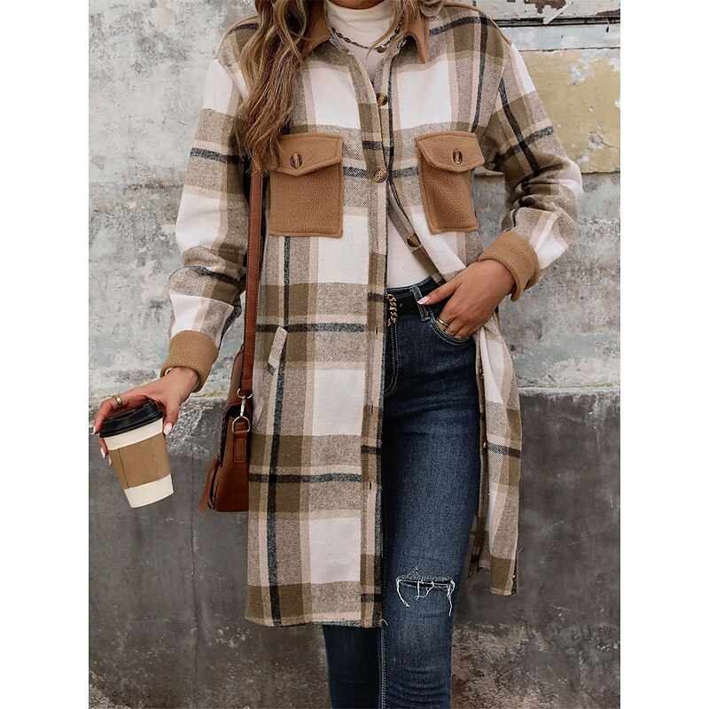 Women's Coat Outdoor Street Daily Wear Fall Winter Regular Coat Regular Fit Thermal Warm Breathable Stylish Casual Jacket Long Sleeve Stripes and Plaid with Pockets Coffee