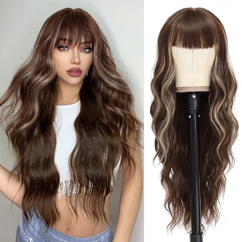 Long Wigs with Bangs for Women Curly Wavy Hair Wigs Heat Resistant Synthetic Fiber Wigs for Daily Party Use3