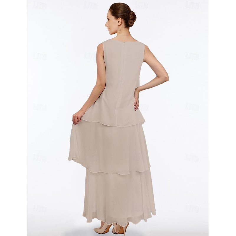 Beach Wedding Sheath Mother of the Bride Dress Elegant Simple V Neck Ankle Length Chiffon Sleeveless with Tier Solid Color4