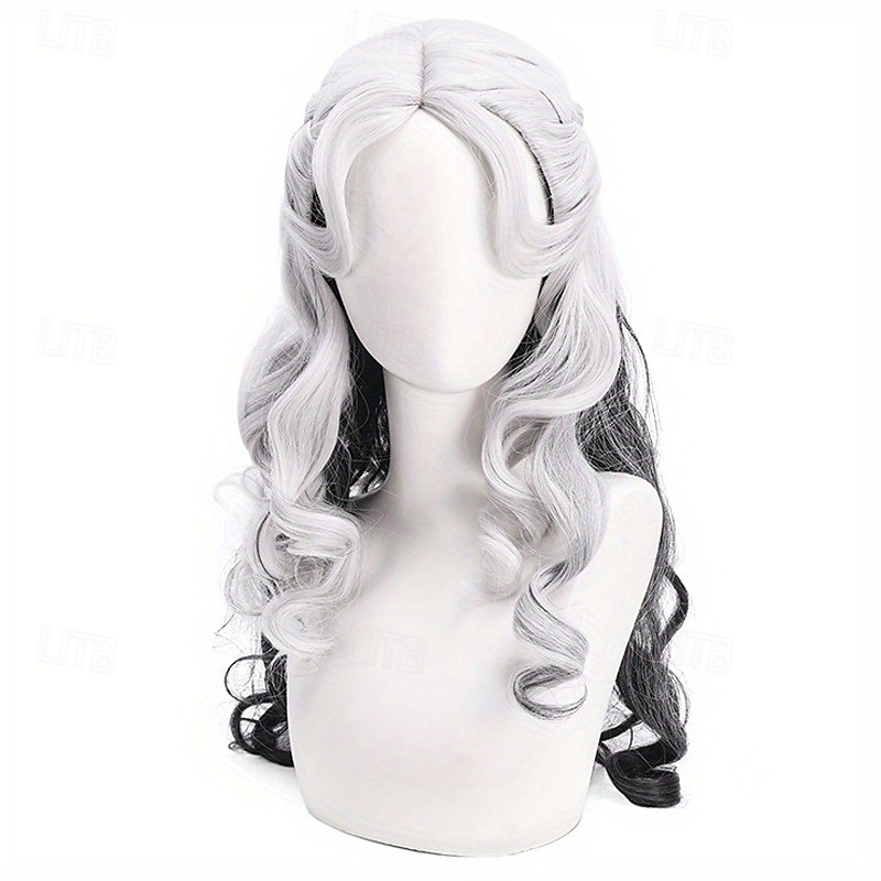 Heat Resistant 26-inch Long Curly Middle Part Cosplay Wig Anime Theme Coily Synthetic Hair Rose Net Cap Halloween and Festival Party Costume Accessory - Black and White Mix3