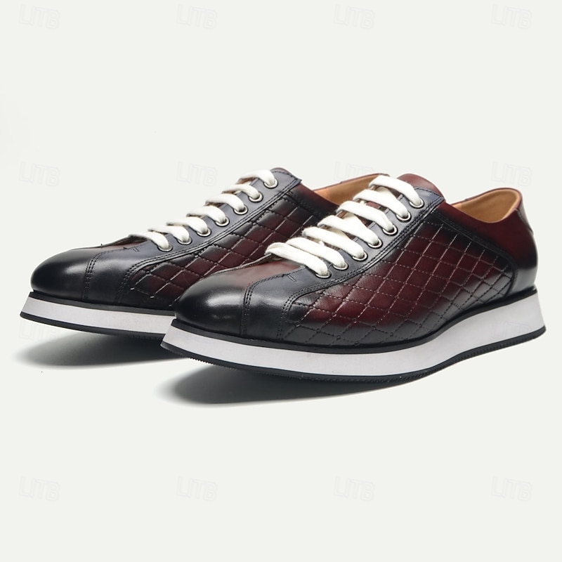 Men's Quilted Cowhide Leather Lace-Up Sneakers with Red and Black Gradient Design - Stylish Casual Shoes for Everyday Wear4