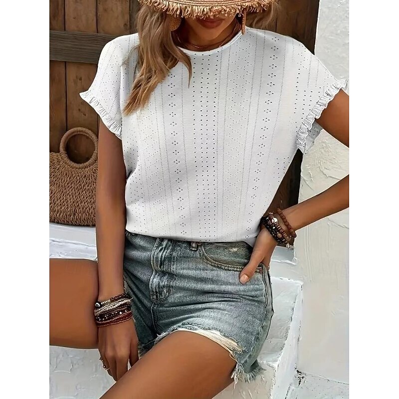 Women's T Shirt Casual Solid Color Ruffle Eyelet Short Sleeve Regular Tops Crew Neck Daily White Summer2