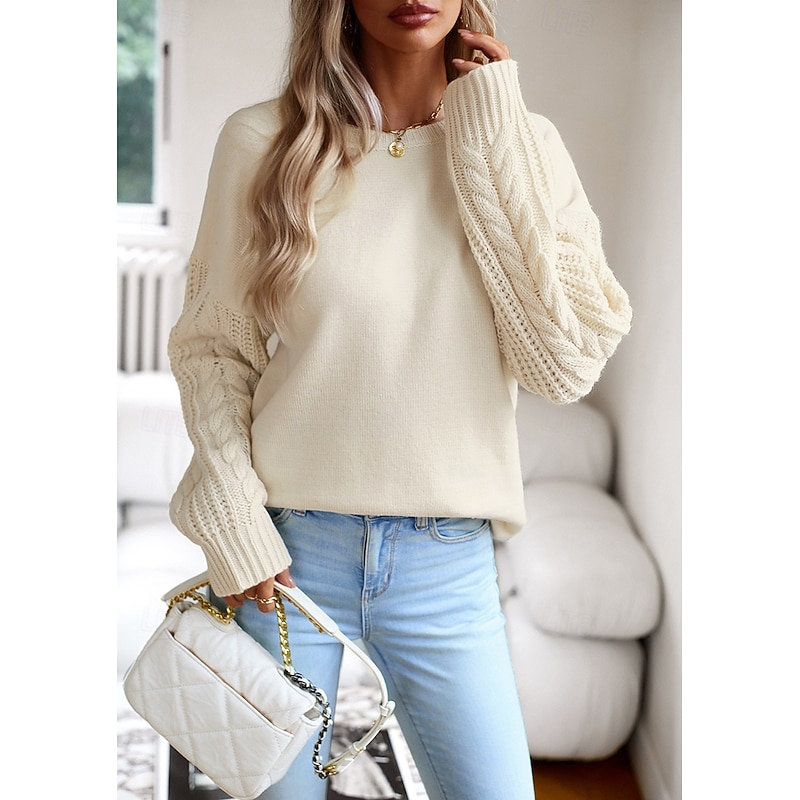 Women's Sweater Pullover Sweater Jumper Casual Sweater Fashion Streetwear Soft Solid Color Crew Neck Braided Long Sleeve Regular Tops Knit Work Weekend Black White Fall Winter