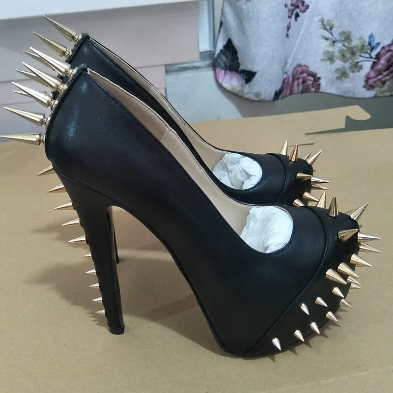 Women's Black Spiked High Heels - Punk Rock Studded Platform Pumps for Clubwear and Parties2