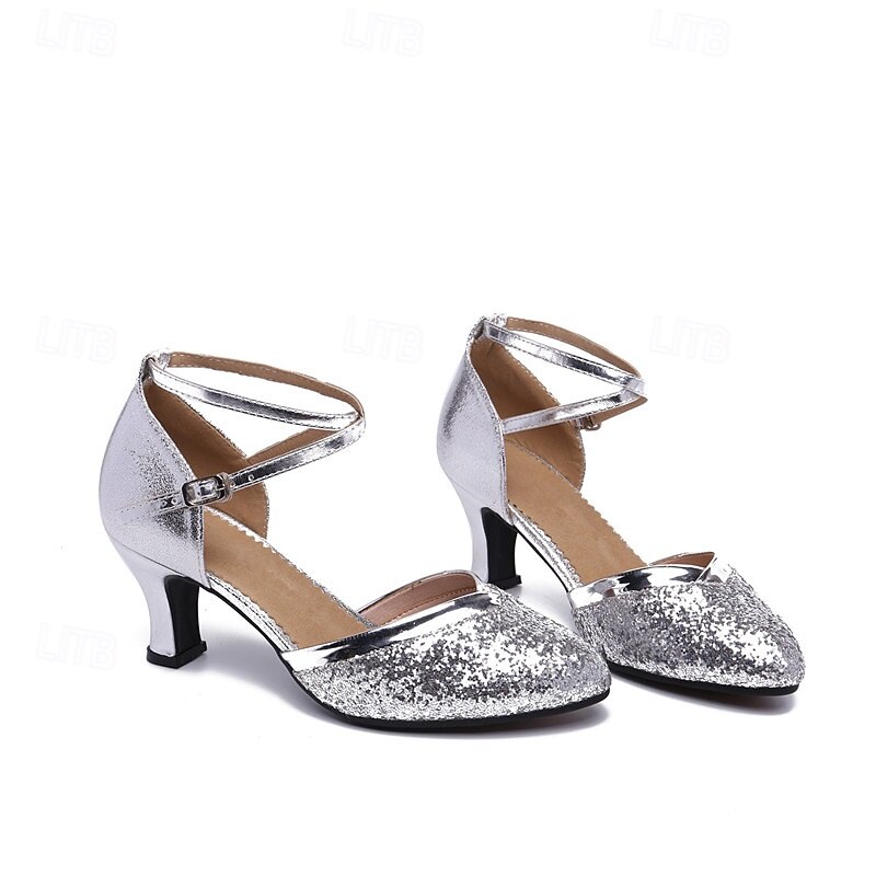 Women's Silver Glitter Satin Dance Shoes with Cross-Strap Design, Perfect Heels for Ballroom and Latin Dancing2