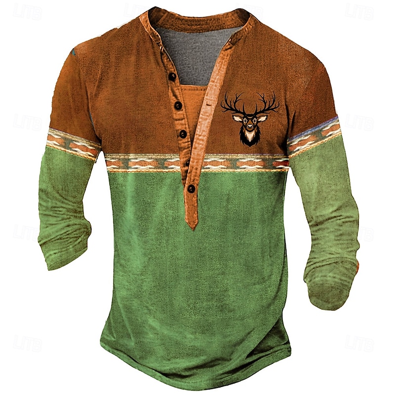 Men's Oktoberfest Deer Henley Shirt Long Sleeve 3D Printing Sports Fashion Daily Street Casual Daily Winter Spring &  Fall Blue Brown Green Henley Henley T-Shirt3