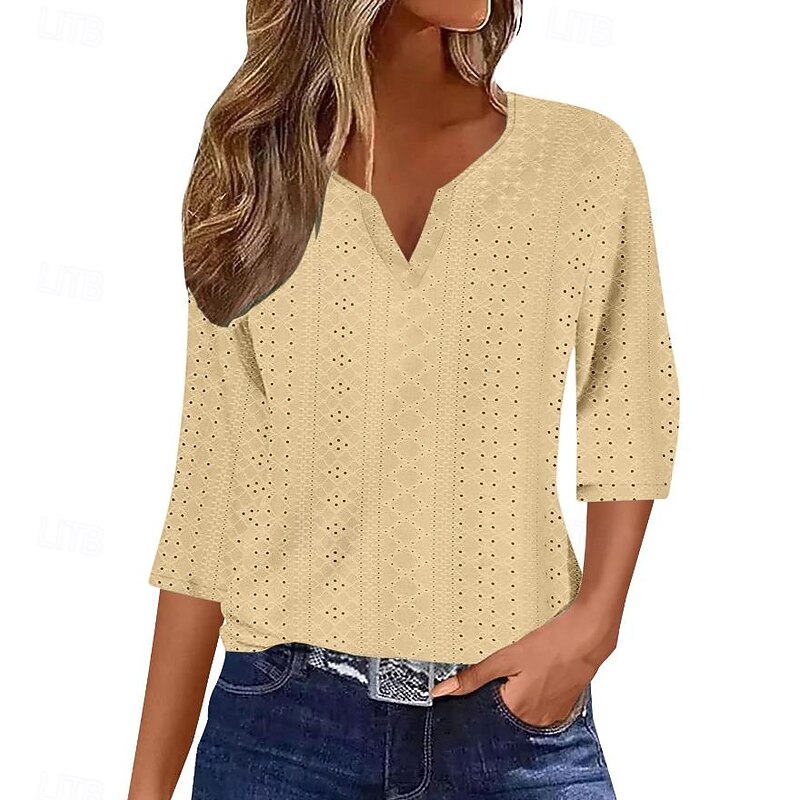 Women's Blouse Stylish Modern Hollow Out 3/4 Length Sleeve Regular Tops V Neck Work Daily Yellow Blue Purple Green Spring Fall4