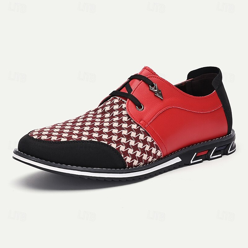 Men's Red and Black Houndstooth Pattern Faux Leather Sneakers with Lace-Up Design and Cushioned Sole - Trendy Casual Shoes for Everyday Wear2