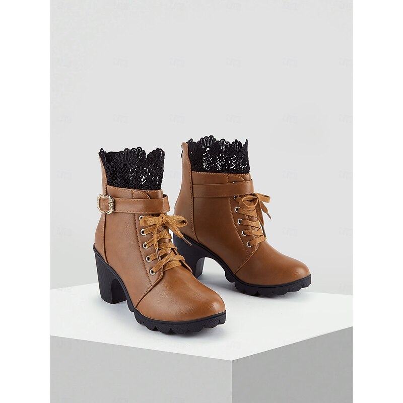 Stylish Women's Lace-Trimmed Ankle Boots with Gold Buckle and Chunky Heel - Perfect for Casual and Dressy Occasions3