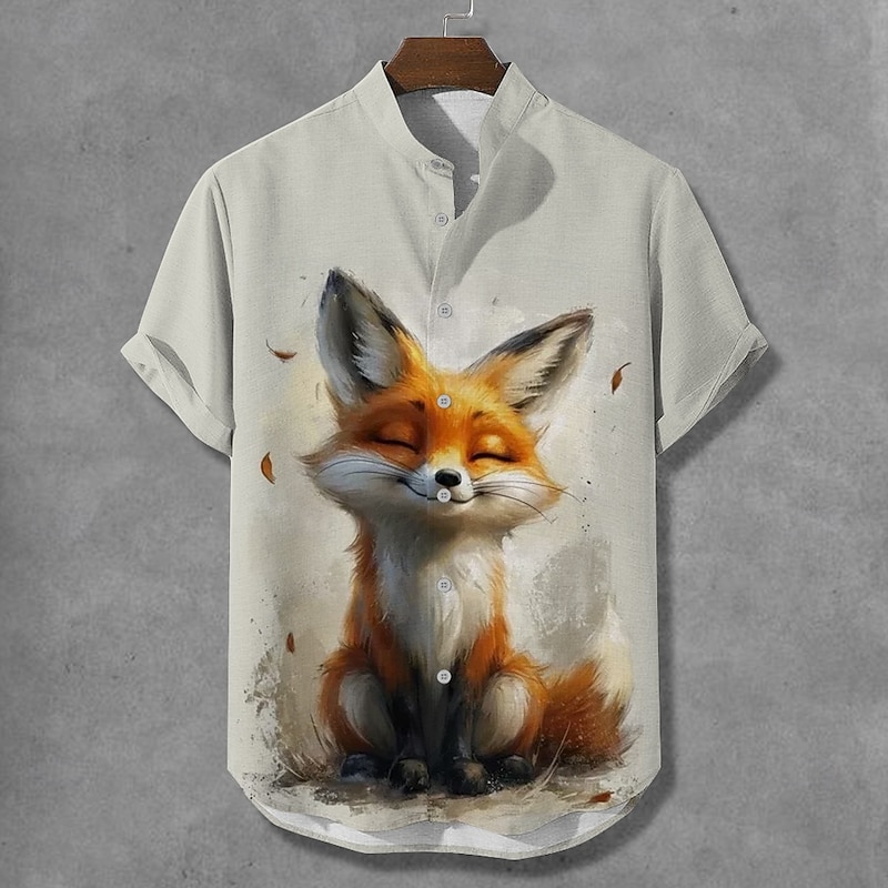 Men's Fox Button Up Shirt Short Sleeve Funny Vacation Summer Spring Grandad Collar Band Collar 3D Print Beige