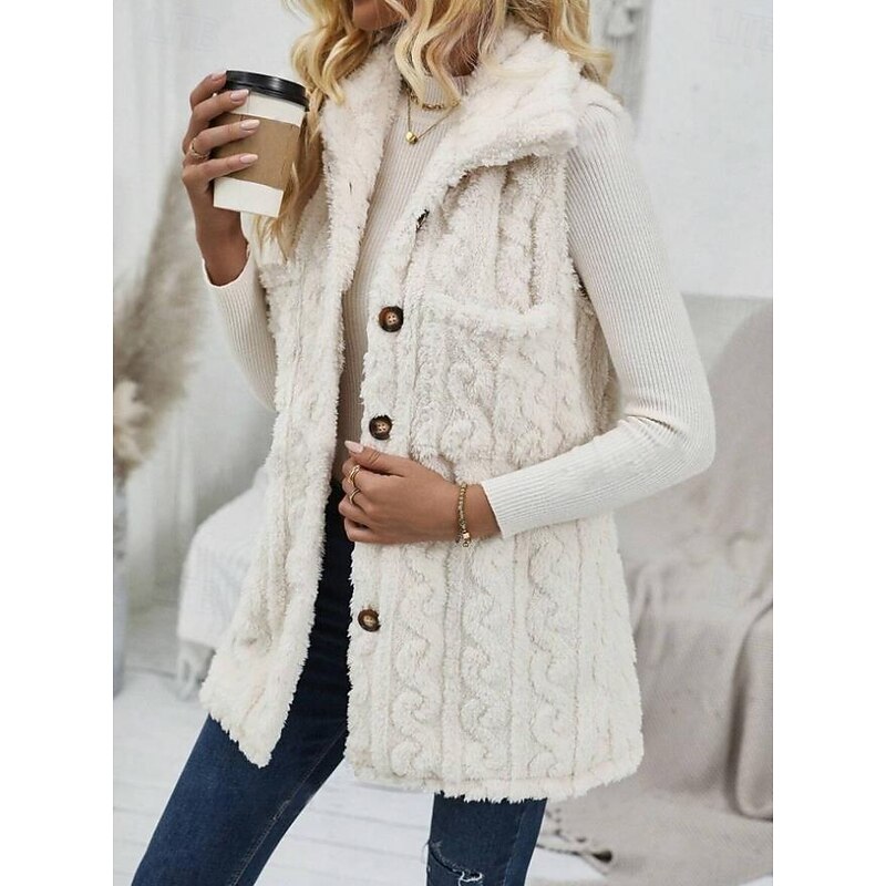Women's Fleece Jacket Teddy Coat Warm Breathable Buttons Pocket Casual Plain Vacation Street Daily Wear Going out Single Breasted Regular Turndown Regular Fit Sleeveless Outerwear White Fall Winter3
