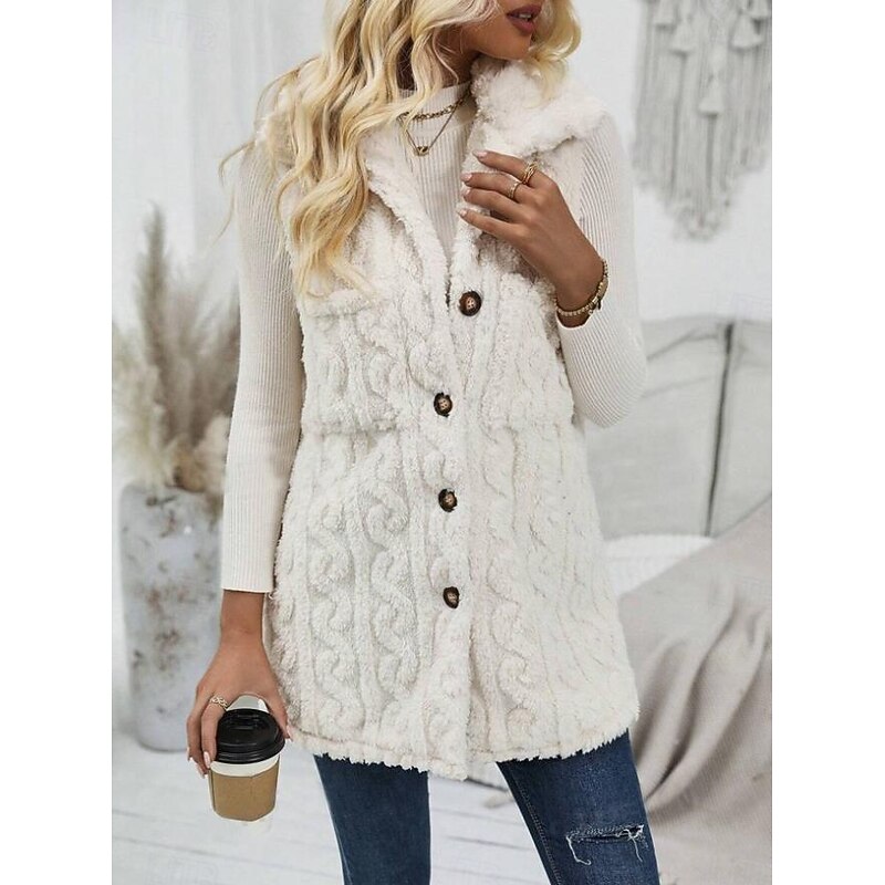 Women's Fleece Jacket Teddy Coat Warm Breathable Buttons Pocket Casual Plain Vacation Street Daily Wear Going out Single Breasted Regular Turndown Regular Fit Sleeveless Outerwear White Fall Winter4