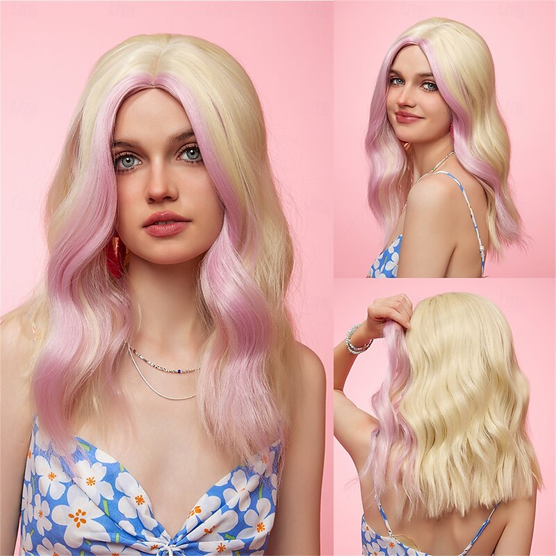 Synthetic Wig Uniforms Career Costumes Princess Curly Wavy Middle Part Layered Haircut Machine Made Wig 14 inch Gold Pink Synthetic Hair Women's Cosplay Party Fashion Pink