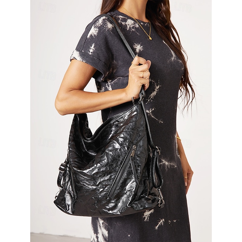 Sleek Women's Black Crinkle Patent Leather Hobo Bag – Spacious Shoulder Bag with Multiple Zipper Pockets for Everyday Use