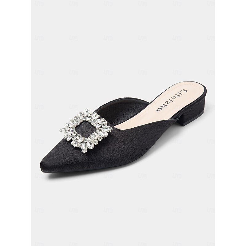 Women's Black Satin Pointed-Toe Mules with Rhinestone Buckle - Elegant Slip-On Flats for Evening and Formal Occasions2