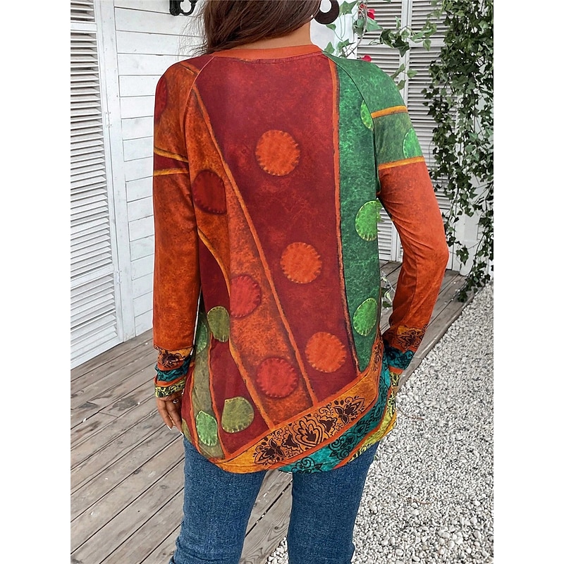 Women's T shirt Long Sleeve Vintage Ethnic Casual Print Long Sleeve Long Tops Crew Neck Daily Red Purple Green Fall Winter Prefall2