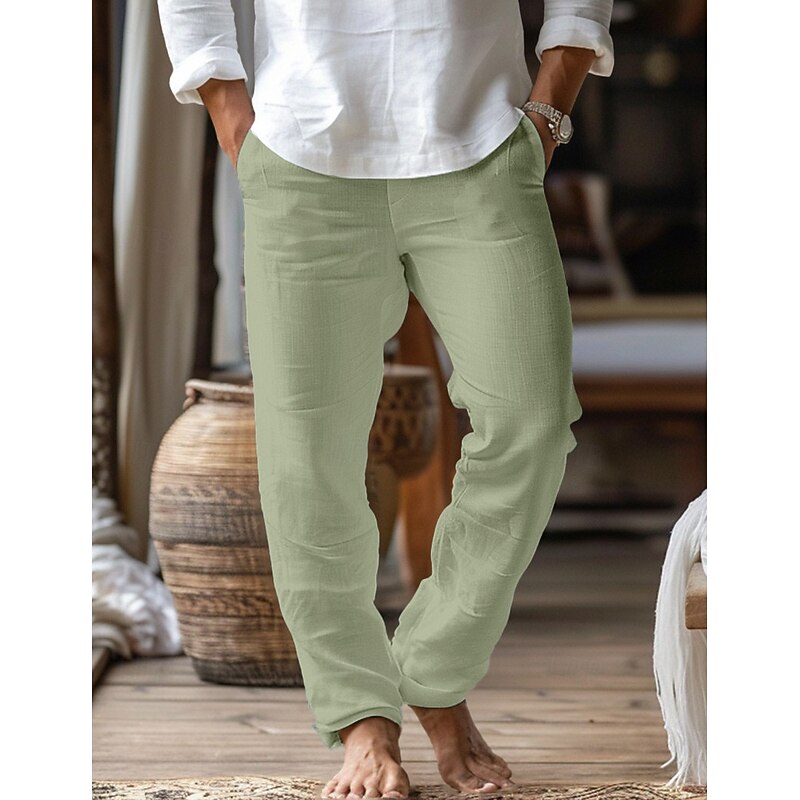 Men's Linen Pants Trousers Beach Pants Pocket Drawstring Plain Comfort Breathable Home Daily Stylish Classic Style Black White Micro-elastic4