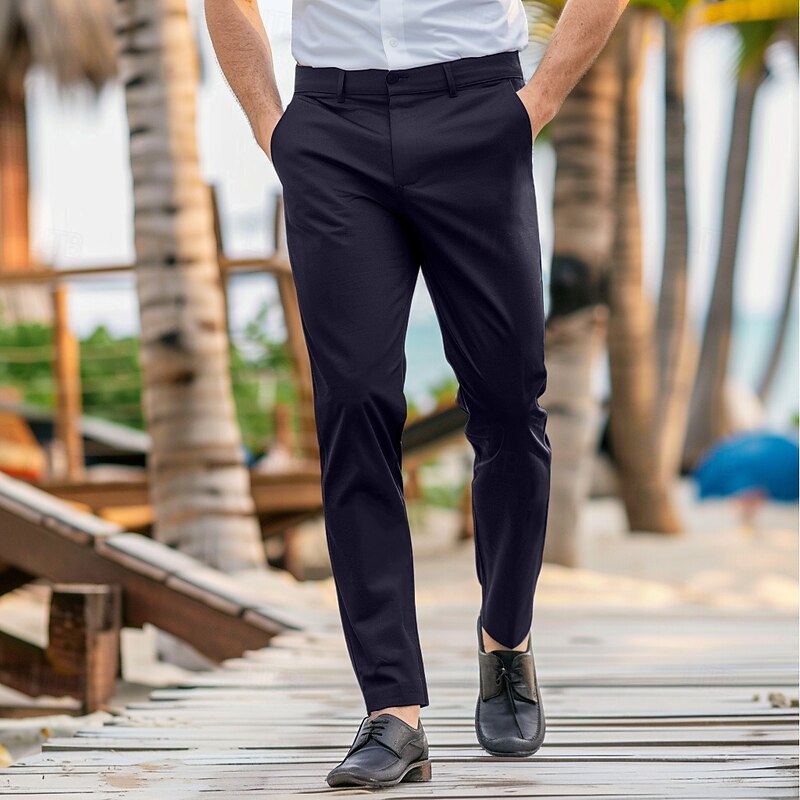 Men's Dress Pants Trousers Casual Pants Pocket Elastic Waist Straight Leg Plain Stretch Wedding Office Business Stylish Formal Black Wine High Waist Micro-elastic4