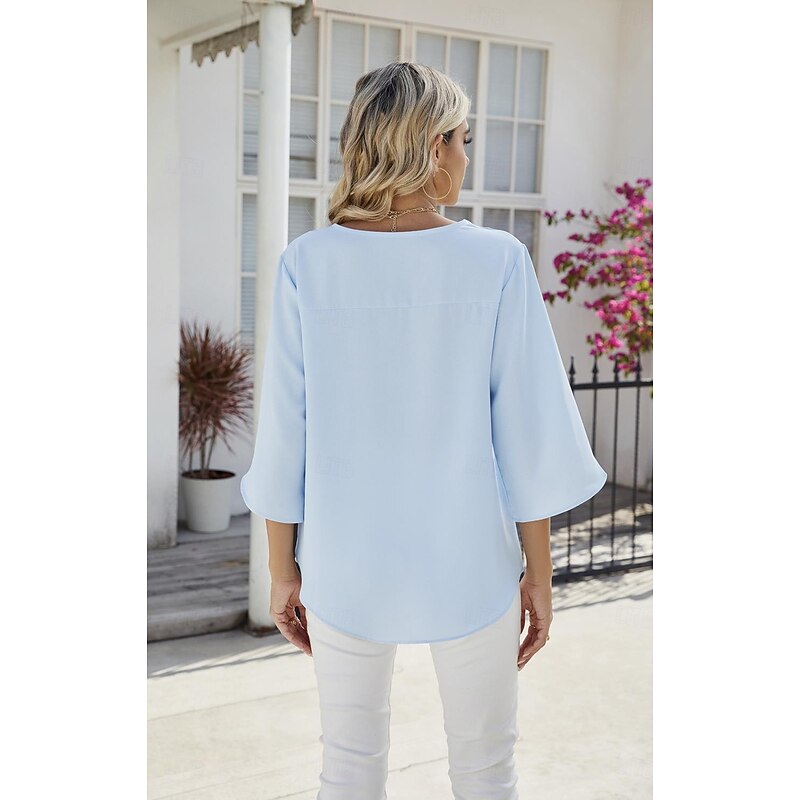 Women's Blouse Elegant Stylish Modern Half Sleeve V Neck Work Daily Blue Summer Spring3