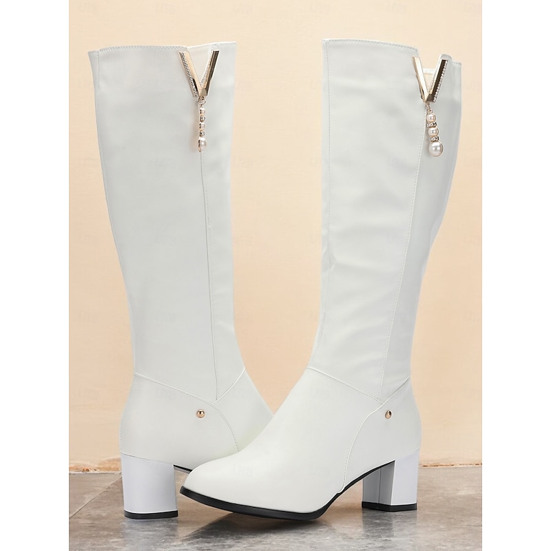Women's White Knee-High Boots with Pearl Detailing - Elegant Footwear for Winter, Office, and Special Occasions3