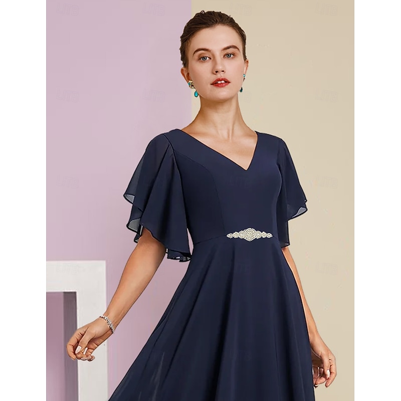 A-Line Mother of the Bride Dress Formal Wedding Guest Elegant V Neck Tea Length Chiffon Lace Short Sleeve with Appliques Crystal Brooch3