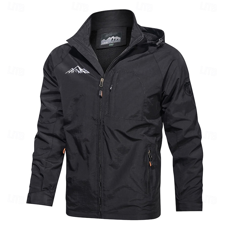 Men's Graphic Prints Mountain Jacket Raincoat Shell Jacket Waterproof Lightweight Casual Sports Outdoor Camping & Hiking Embroidered Side Pockets Zip Front Fall Winter Hooded Long Sleeve Black Green