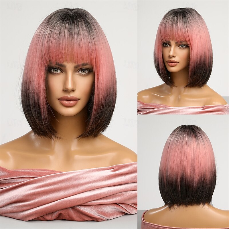 Synthetic Wig Uniforms Career Costumes Princess Straight kinky Straight Middle Part Layered Haircut Machine Made Wig 14 inch Black / Pink Synthetic Hair Women's Cosplay Party Fashion Pink