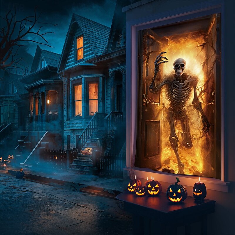 Halloween Window Cover Decorations, Fabric Skull Out of Fire Halloween Curtain Poster Window Door Covering Decor for Haunted House, Scary Halloween Window Clings Decals Indoor Outdoor