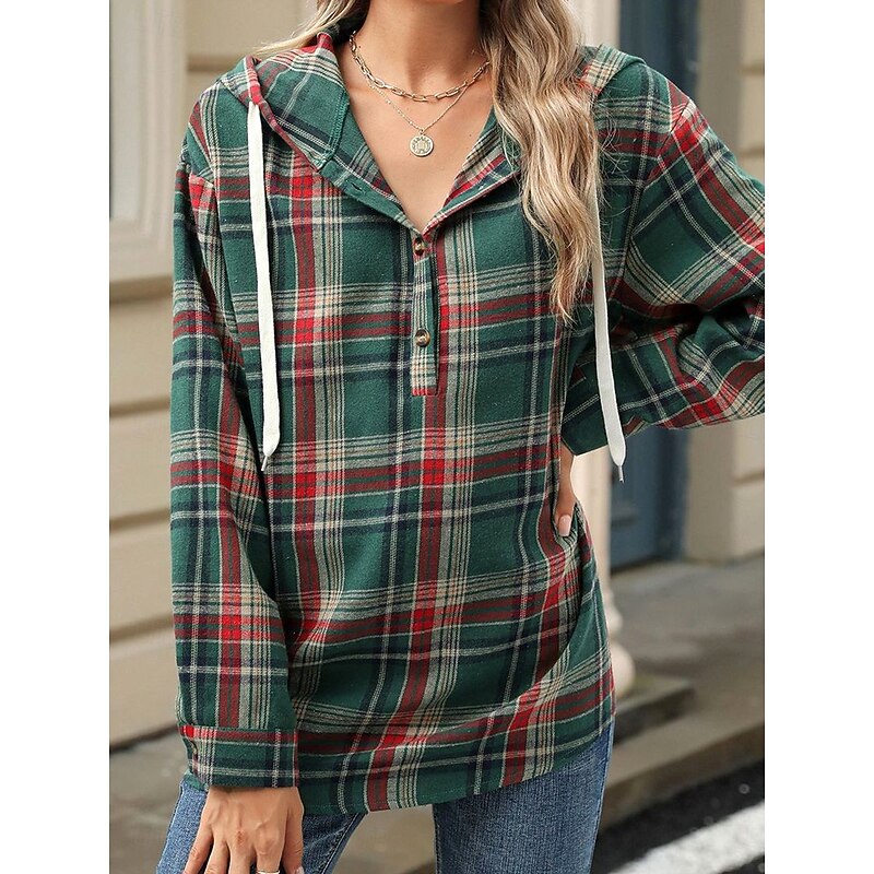 Women's Hoodie Sweatshirt Casual Textured Geometric Plaid Hooded Loose Fit Long Sleeve Dark Green Spring Fall Winter3