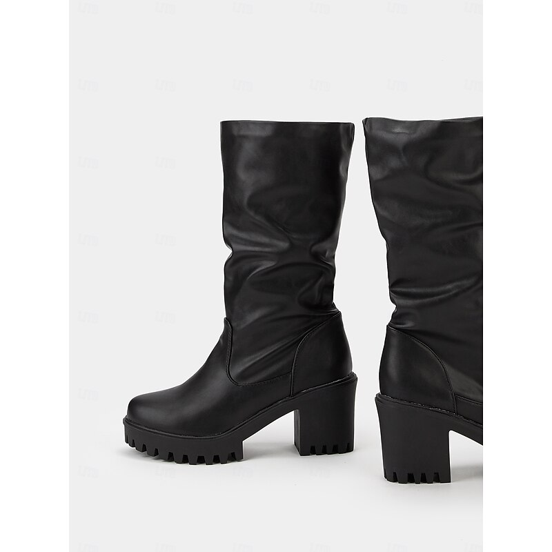 Women's Black Chunky Heel Slouchy Boots with Lug Sole – Retro Faux Leather Mid-Calf Boots for Fall and Winter3