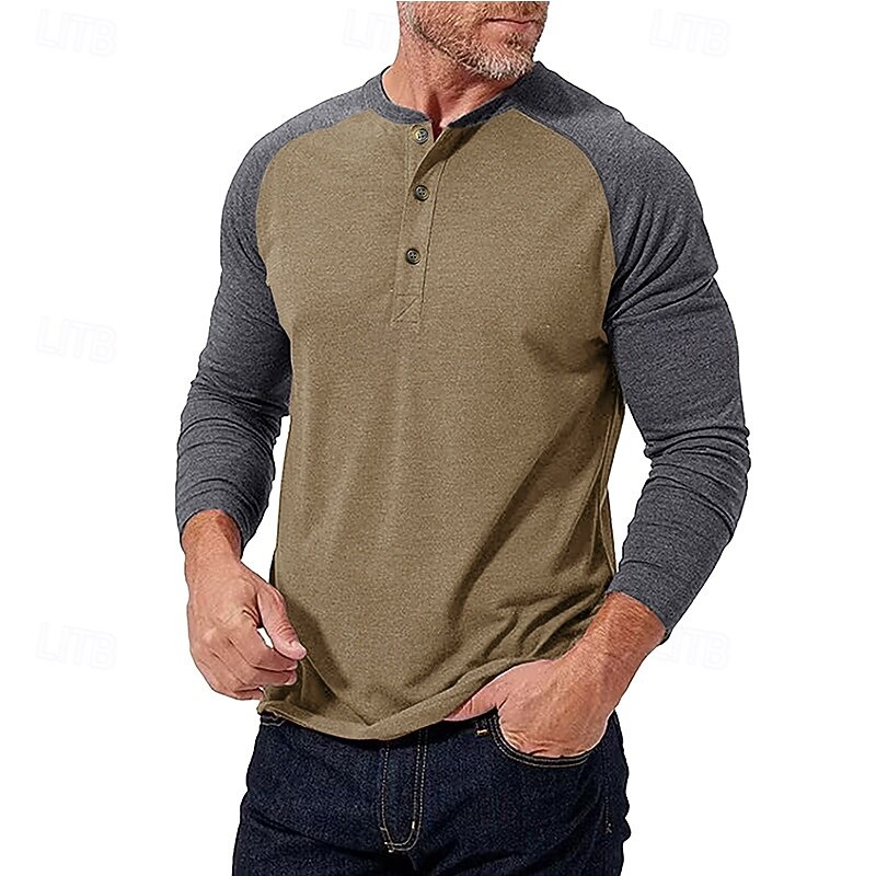 Men's Button T Shirt T Shirt Henley Shirt Tee Long Sleeve Henley Spring &  Fall Color Block Fashion Designer Basic Patchwork Vacation Street Going out Black Dark Red Yellow Top Tee for Men