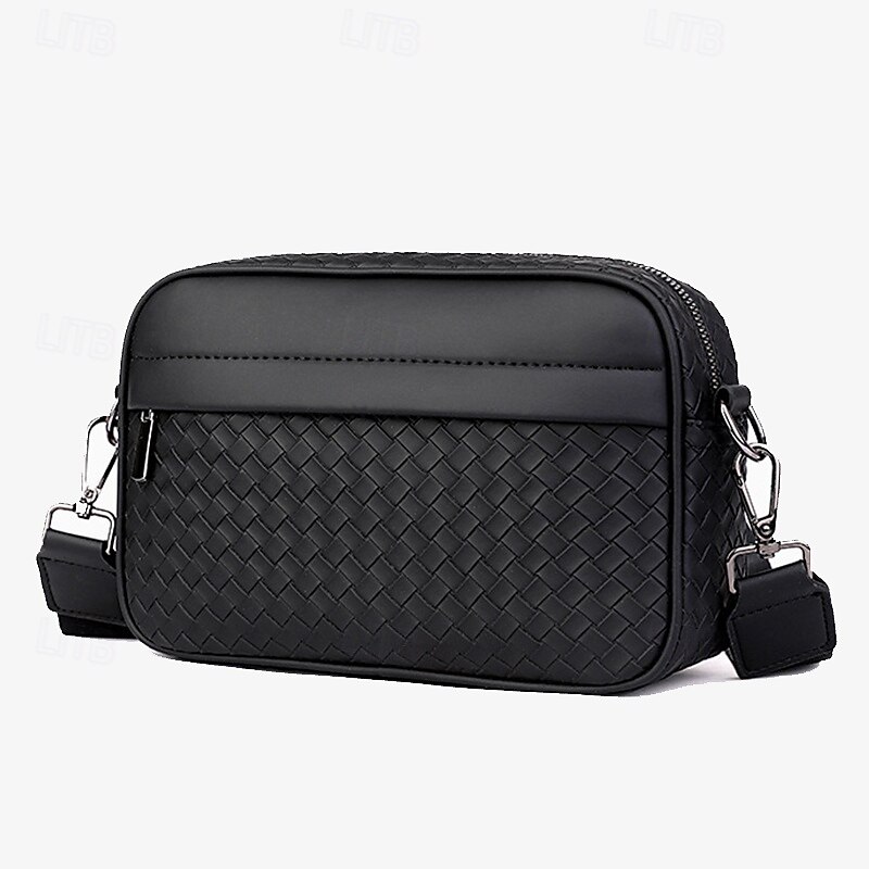 Sleek Black Woven Men's Crossbody Bag - Stylish Compact Design with Multiple Zippered Compartments, Ideal for Everyday Use and Travel
