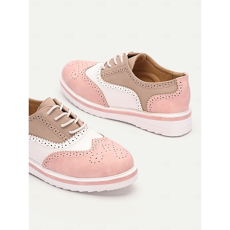 Women's Pink and Beige Brogue Oxford Sneakers, Lace-Up Casual Shoes with Wingtip Detailing for Everyday Wear 5