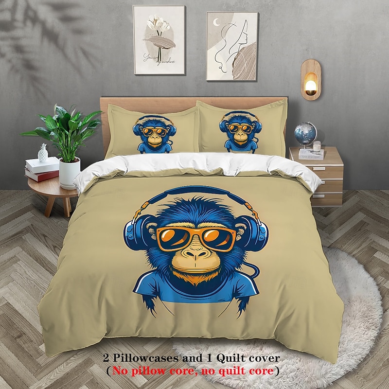 Cool Earphones Monkey Printed 3-Piece Down Duvet Set Hotel Bedroom Room Luxury Bedding Comfortable Set 1 Down Duvet Set 2 Pillowcase Queen Bed Set 2 Piece Set 3 Piece Set Intimate Grinding Soft Short