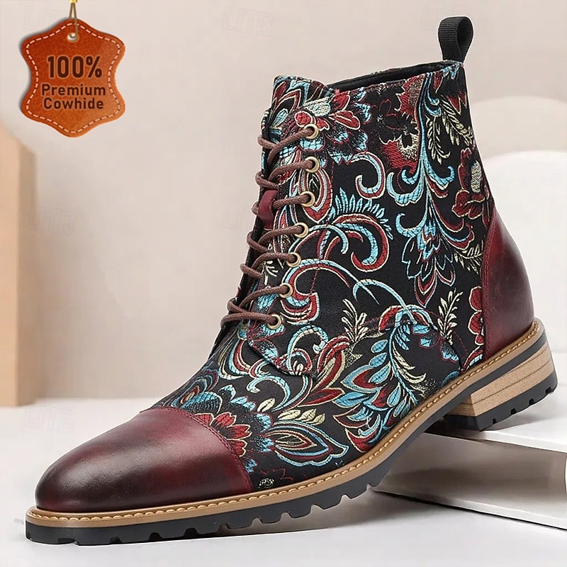Men's Premium Leather Floral Oxford Boots – Vintage Paisley Design, Bohemian Lace-Up Ankle Boots, Perfect for Casual Outings & Formal Occasions