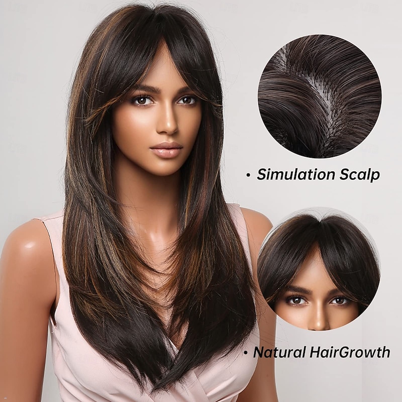 Wigs for Women Highlight Wig with Bangs Layered Long Straight Natural Hair Synthetic Wig3