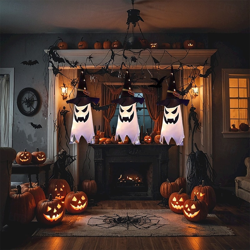 Halloween Decorations Lighted Ghost Hanging Witch Hat Indoor and Outdoor Courtyard Tree Festival Line Decoration 3pcs4