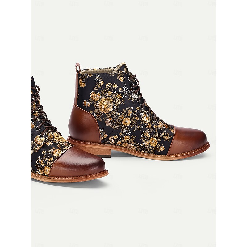 Women's Floral Print Lace-Up Ankle Boots – Retro Faux Leather and Jacquard Fabric Boots for Fall and Winter Casual Wear4